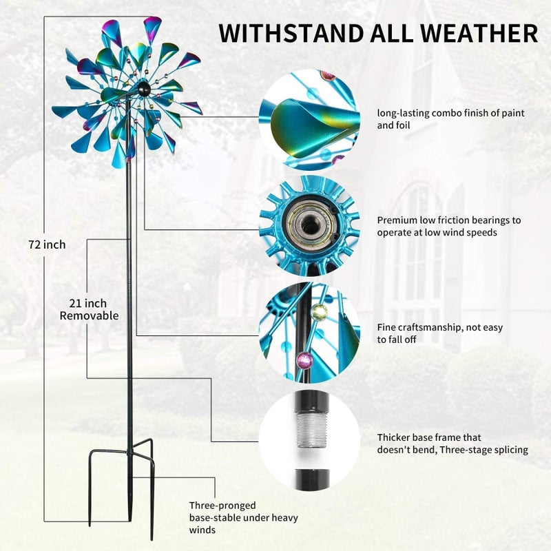 DECOROCA Kinetic Wind Spinners Outdoor - Large Metal Wind Sculptures & Spinners Yard Patio Lawn Garden Decorations, Windmill Clearance with Stable Metal Stake(Peacock-Blue) - Image 3